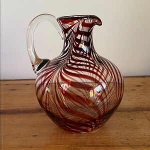 Hand Blown Glass Pitcher with Pulled Feathers Design in Red